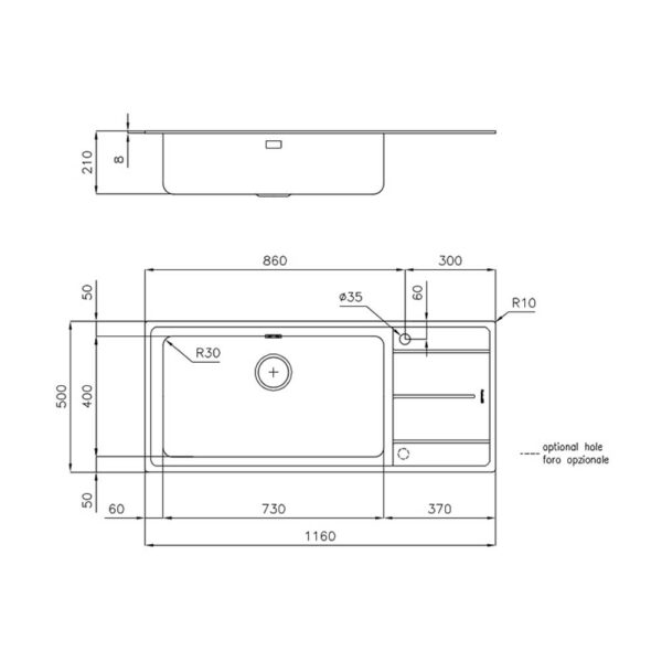 Scheda tecnica lavello una vasca con gocciolatoio 3216051 Foster