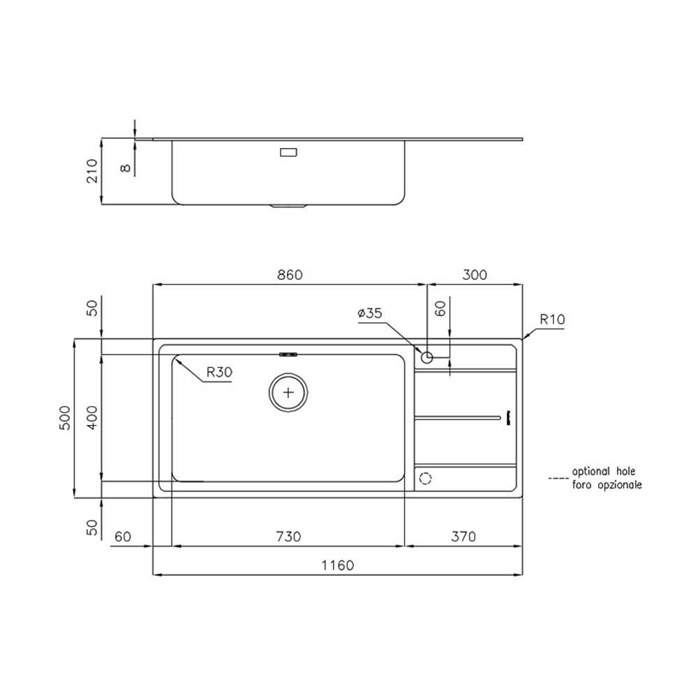 Scheda tecnica lavello una vasca con gocciolatoio 3216051 Foster