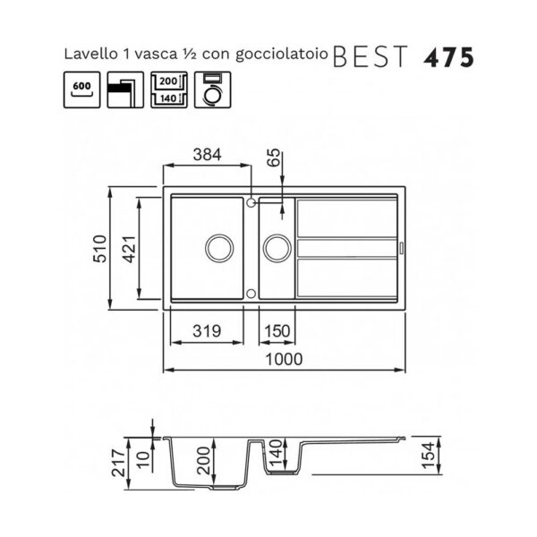 Scheda tecnica lavello una vasca e mezzo LGB47540 Elleci