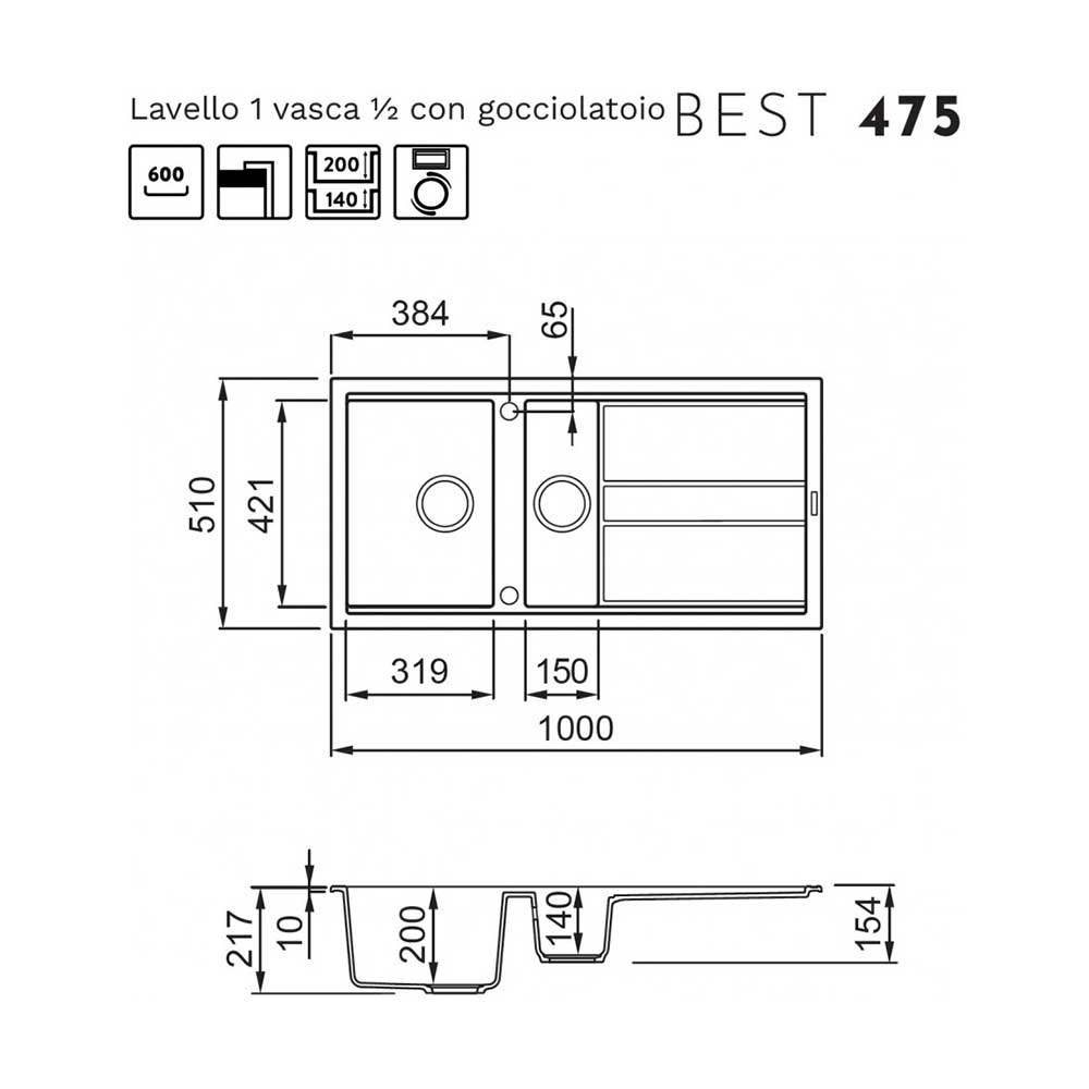 Scheda tecnica lavello una vasca e mezzo LGB47540 Elleci