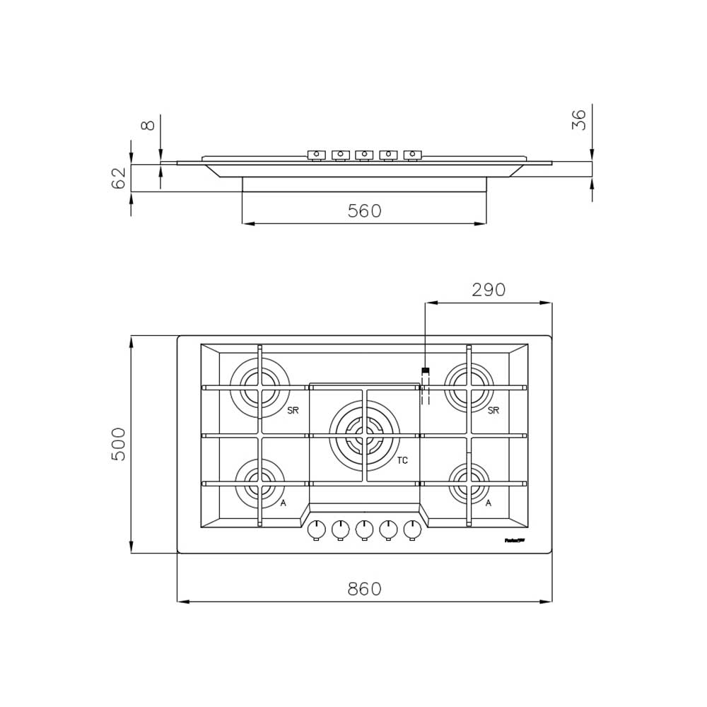 Scheda tecnica piano cottura a gas 5 fuochi 7603032 Foster