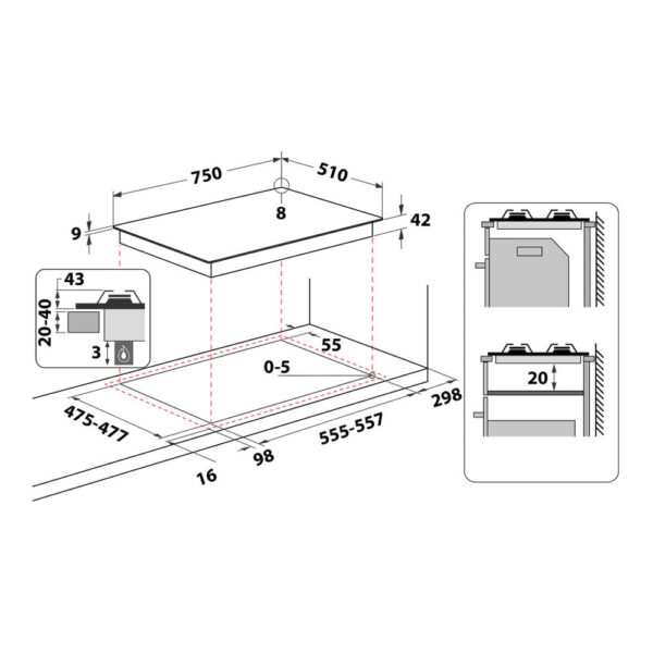 Scheda tecnica piano cottura a gas 5 fuochi FTGHL 751 D IX HA Hotpoint