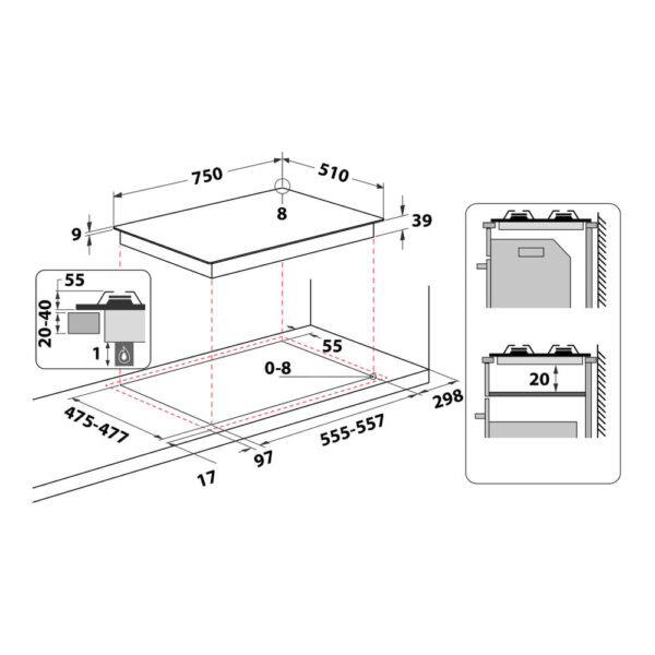 Scheda tecnica piano cottura a gas 5 fuochi PCN 752 U IX HA Hotpoint