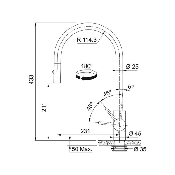 Scheda tecnica miscelatore con canna j girevole 115.0613.671 Franke