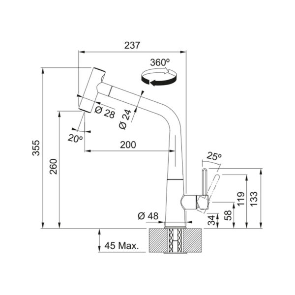 Scheda tecnica miscelatore nero opaco con doccia spray 115.0625.190 Franke