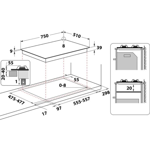 Scheda tecnica piano cottura a gas 5 fuochi PCN 750 T (AN) R /HA Hotpoint Ariston