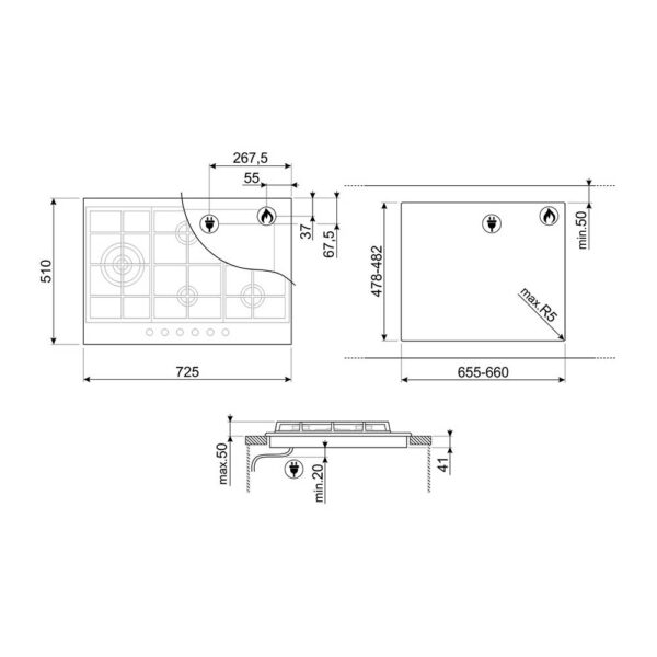 Scheda tecnica piano cottura a gas 5 fuochi PX375LMB Smeg