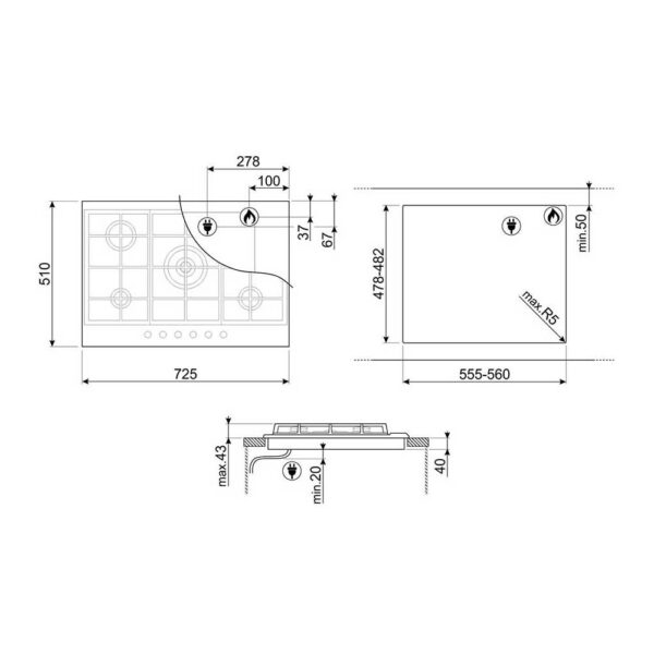 Scheda tecnica piano cottura a gas in acciaio inox P272XGH Smeg