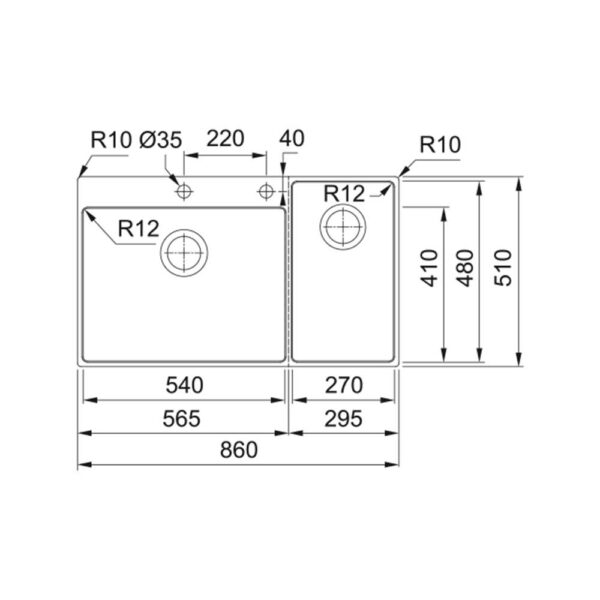 Schema tecnica lavello due vasche senza gocciolatoio 127.0538.259 Franke