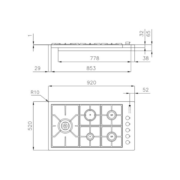 Scheda tecnica piano cottura a gas 5 fuochi 7257032 Foster