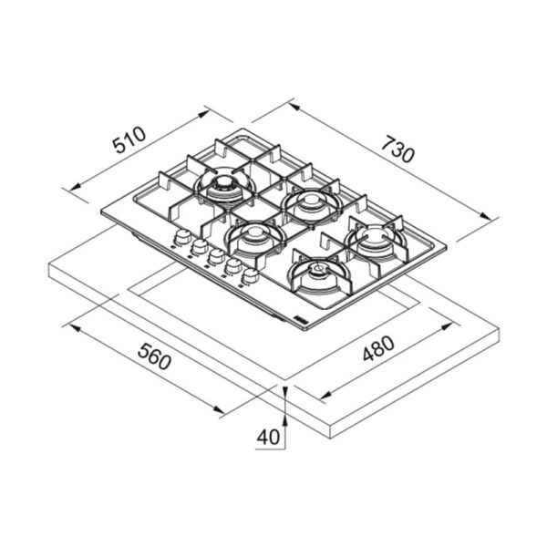 Scheda tecnica piano cottura a gas 5 fuochi nero 106.0670.114 Franke