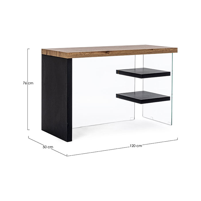 Scrivania in vetro e legno con 2 mensole Line Wood nero 0734007 Andrea Bizzotto