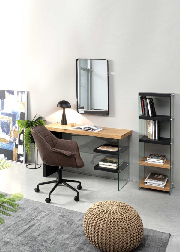 Scrivania in vetro trasparente con mensole Line Wood nero 0734007 Andrea Bizzotto